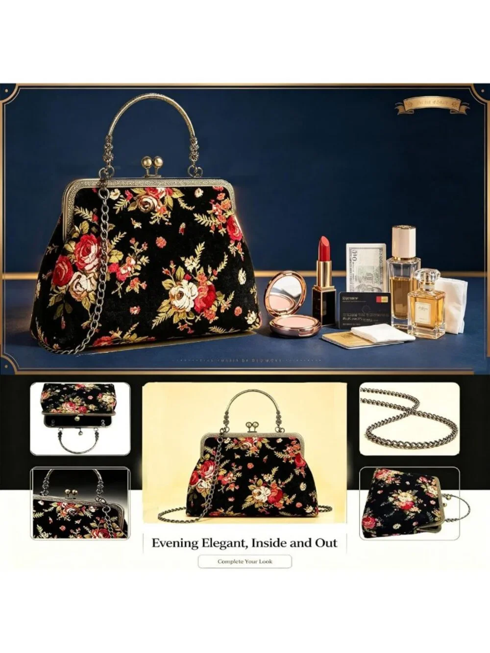 Vintage Floral Top-Handle Handbag, Kiss Lock Evening Bag for Women, Chic Purse